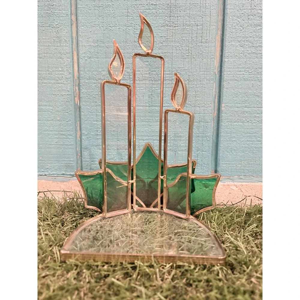 Vintage Stained Glass Christmas Holly Candle Holder Green Red Gold Holiday Decor